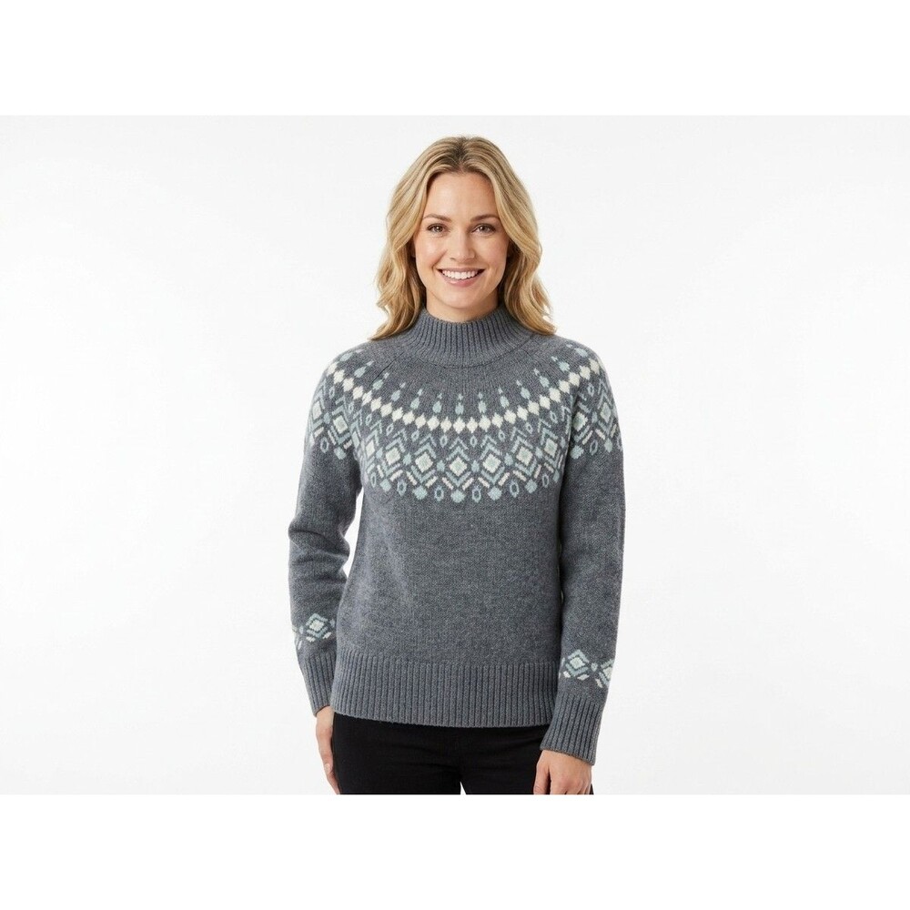 KUHL Womens Alpina Sweater Size L Grey Fair Isle Nordic Wool Blend Mock Neck EUC